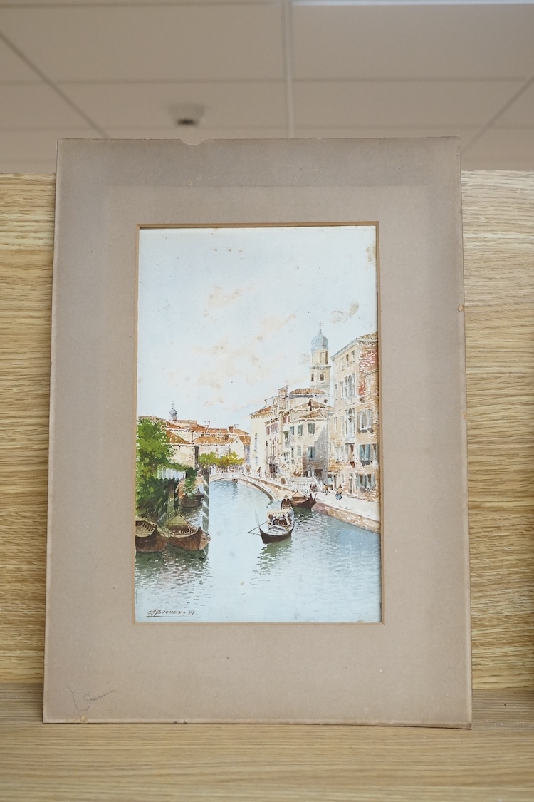 Andrea Biondetti (1851-1946), watercolour, Venetian canal with gondolas, signed, 24 x 14cm, mounted, unframed. Condition - some foxing